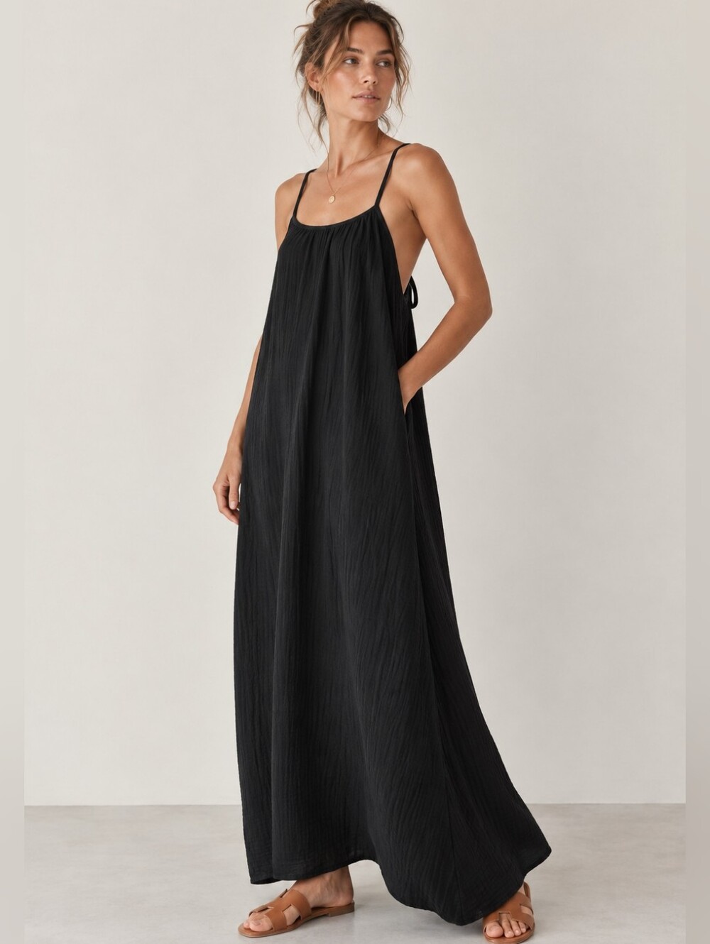 NWT SOL ANGELES Gauzy Black Tie Back Summer Maxi Dress Size M / L NEW